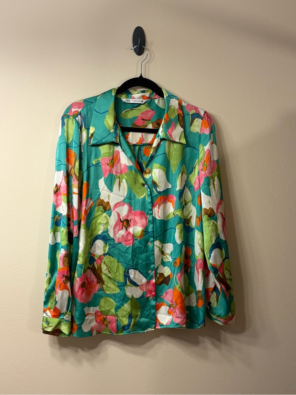 Zara Teal Floral Button-Front Blouse